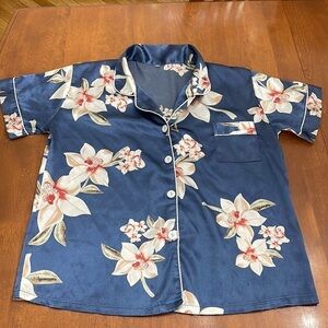 Floral Blue Satin Sleep Shirt Pajama Top Size M